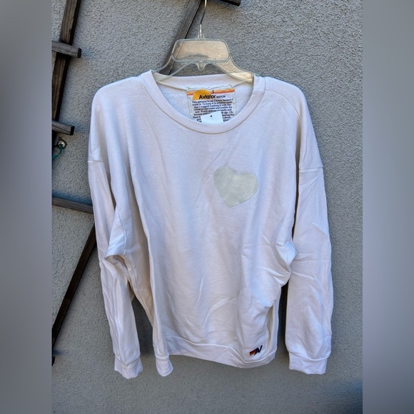 Aviator Nation Glitter Heart Crewneck Sweatshirt Vintage White/ Silver NWT! - Picture 2 of 6